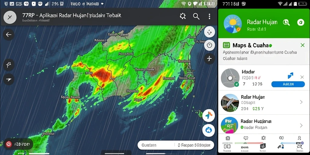 Antarmuka aplikasi Radar Hujan 77RP dengan informasi cuaca terkini.